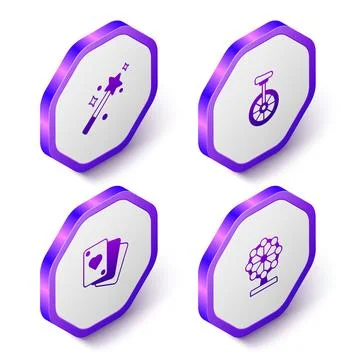Set Isometric Magic wand, Unicycle, Playing cards and Ferris wheel icon. Pu.. Stock Illustration