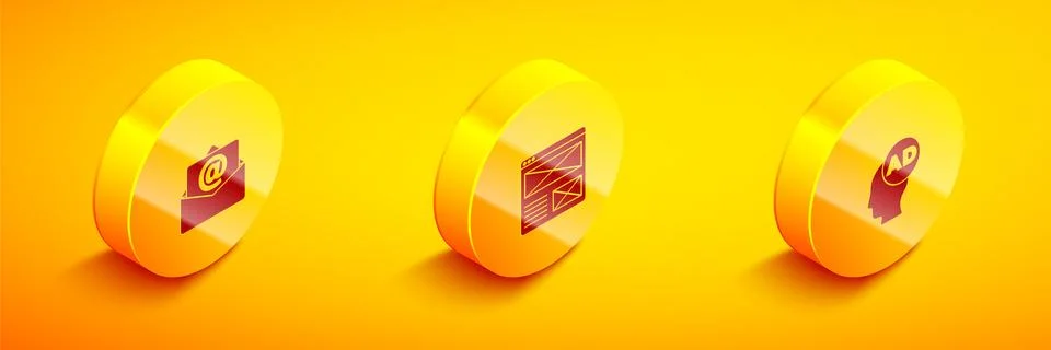 Set Isometric Mail and e-mail, Browser window and Advertising icon. Vector Stock Illustration