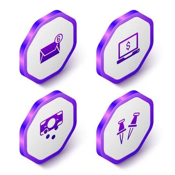 Set Isometric Mail and e-mail, Laptop with dollar, Stacks paper money cash and 스톡 일러스트