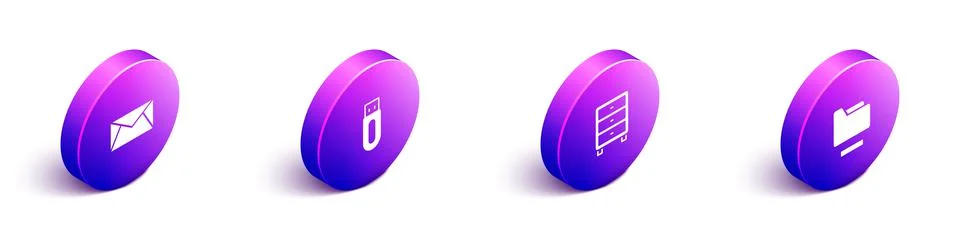 Set Isometric Mail and e-mail, USB flash drive, Archive papers drawer and Stock Illustration