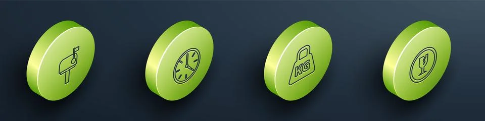 Set Isometric Mail box, Clock, Weight and Fragile broken glass icon. Vector Stock Illustration