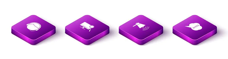 Set Isometric Man with a headset, Computer monitor diagnostics, Megaphone and Stock Illustration