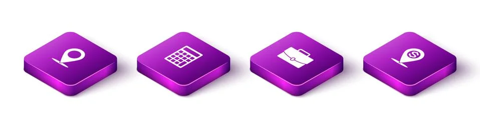 Set Isometric Map pin, Calculator, Briefcase and Cash location icon. Vector Stock Illustration