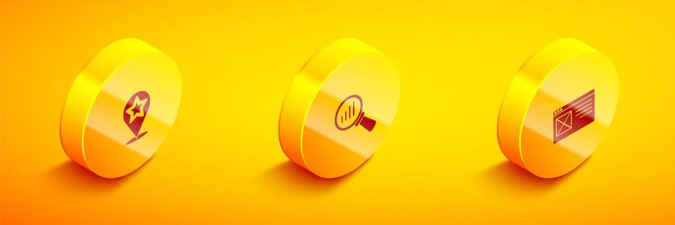 Set Isometric Map pointer with star, Magnifying glass and analysis and Browser Stock Illustration