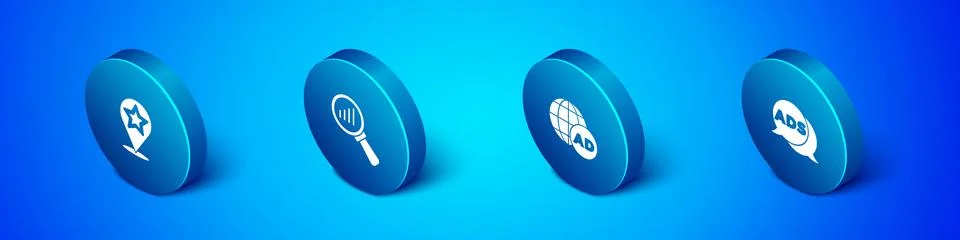 Set Isometric Map pointer with star, Advertising, and Magnifying glass and Stock Illustration