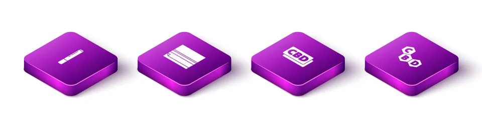 Set Isometric Marijuana joint, Rolling paper, Cannabis molecule and icon. Vector Stock Illustration