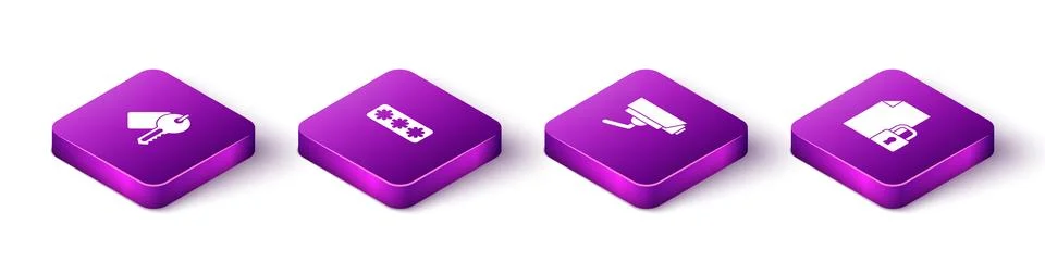 Set Isometric Marked key, Password protection, Security camera and Document a Stock Illustration