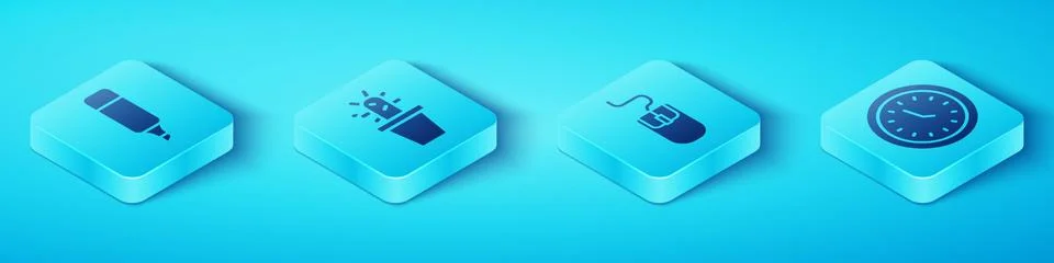 Set Isometric Marker pen, Cactus and succulent in pot, Clock and Computer mouse 库存插图