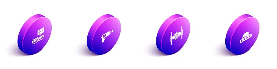 Set Isometric Mars rover, Ray gun, Cosmic ship and UFO flying spaceship icon Stock Illustration