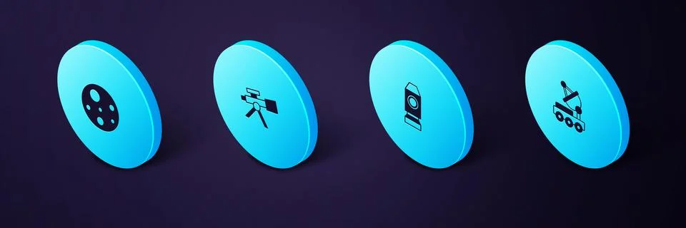 Set Isometric Mars rover, Rocket ship, Telescope and Planet icon. Vector Stock Illustration