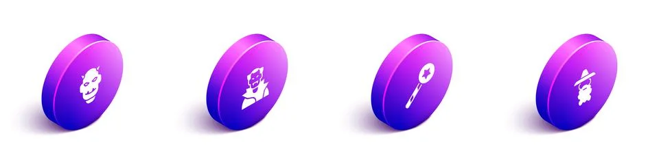 Set Isometric Mask of the devil with horns, Vampire, Magic wand and Wizard Ilustração Stock