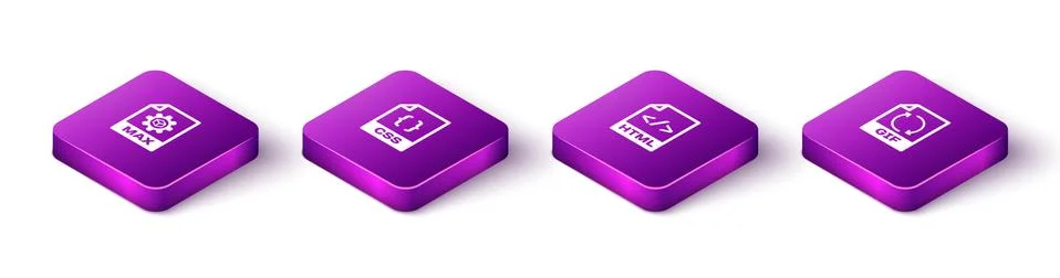 Set Isometric MAX file document, CSS, HTML and GIF icon. Vector Illustrazione stock
