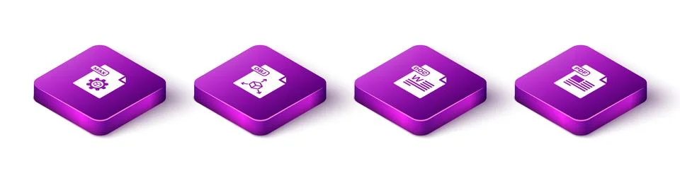 Set Isometric MAX file document, OBJ, DOC and PDF icon. Vector Illustrazione stock