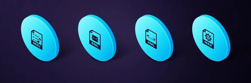 Set Isometric MAX file document, XML, EML and M3U icon. Vector Stockillustratie