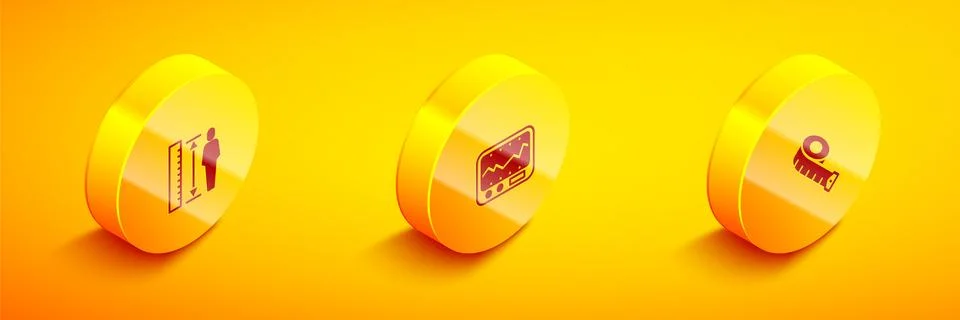 Set Isometric Measuring height body, instrument and tape icon. Vector Stock Illustration
