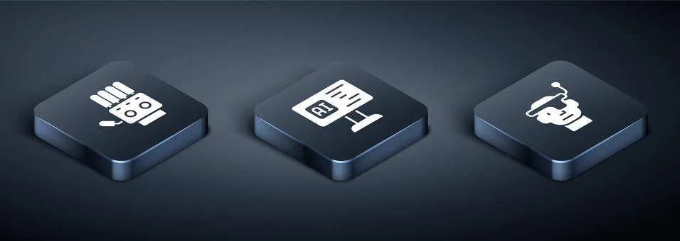 Set Isometric Mechanical robot hand, Smart glasses and Software icon. Vector Stockillustratie