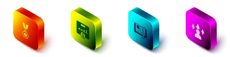 Set Isometric Medal, Key performance indicator, Reading book and Front end Stock Illustration
