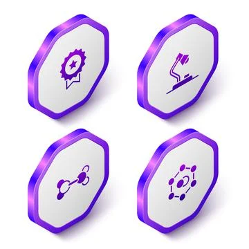 Set Isometric Medal with star, Table lamp, Molecule and  icon. Purple hexagon Illustrazione stock