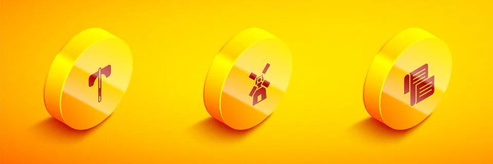 Set Isometric Medieval axe, Windmill and Decree, parchment, scroll icon. Vector Stock Illustration
