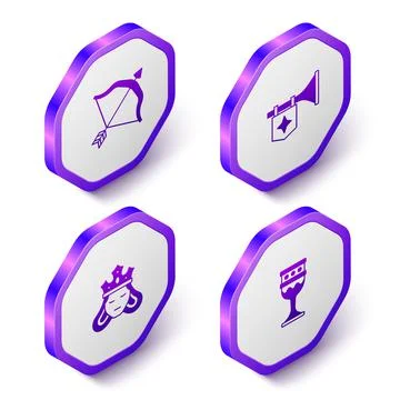 Set Isometric Medieval bow and arrow, Trumpet with flag, Princess or queen and Stock Illustration