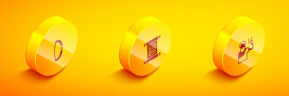 Set Isometric Medieval bow, Decree, parchment, scroll and Zeus icon. Vector Stock Illustration