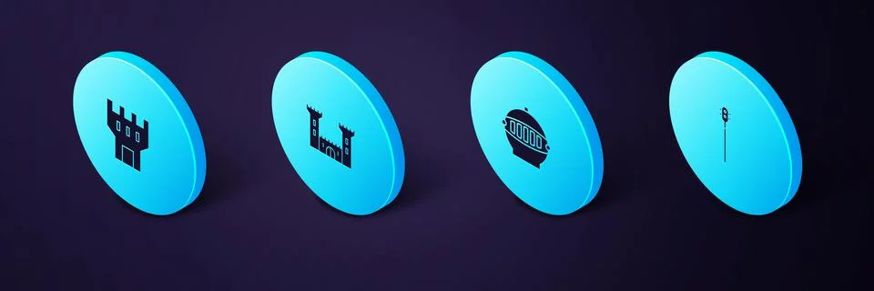 Set Isometric Medieval chained mace ball, iron helmet, Castle and tower icon Ilustración de archivo