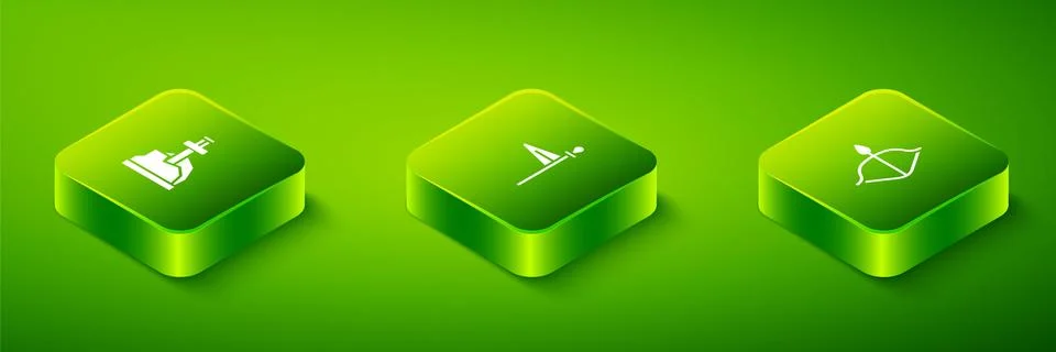Set Isometric Medieval flag, bow and arrow and Sword in the stone icon. Vector Stock Illustration