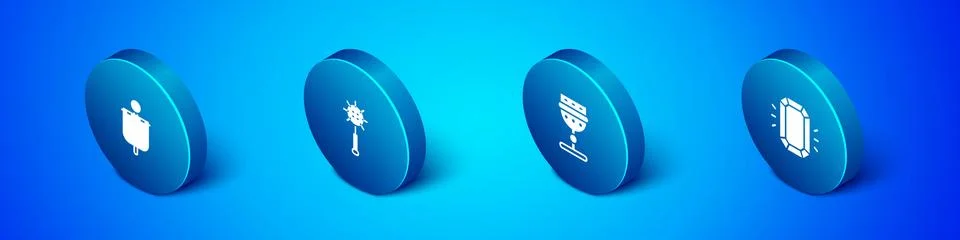 Set Isometric Medieval flag, goblet, Diamond and chained mace ball icon. Vector Stock Illustration