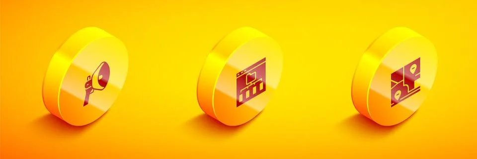 Set Isometric Megaphone, Browser files and Folded map with location icon. Vector Illustrazione stock
