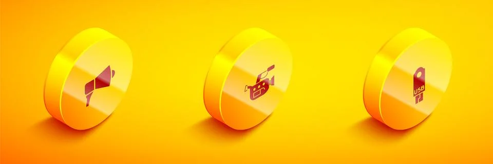 Set Isometric Megaphone, Cinema camera and USB flash drive icon. Vector Illustrazione stock