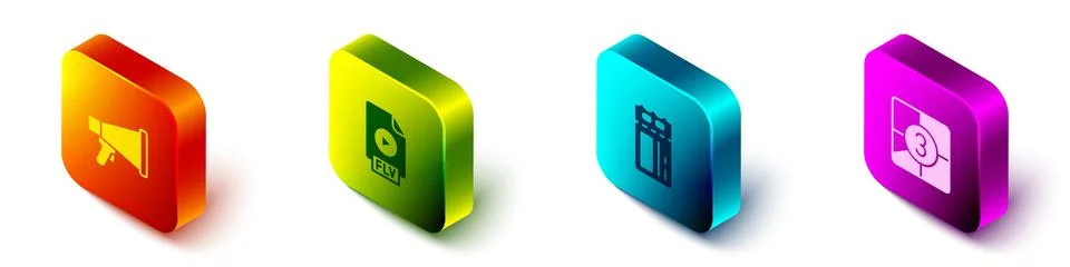 Set Isometric Megaphone, FLV file document, Cinema ticket and Old film movie Stock Illustration