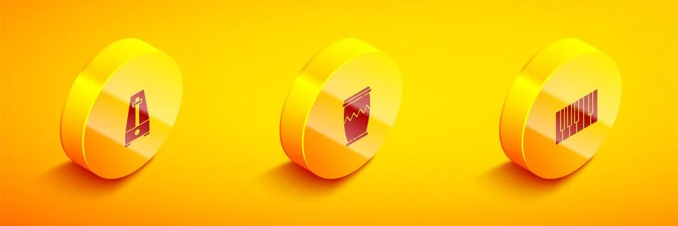 Set Isometric Metronome with pendulum, Drum and Grand piano icon. Vector 스톡 일러스트
