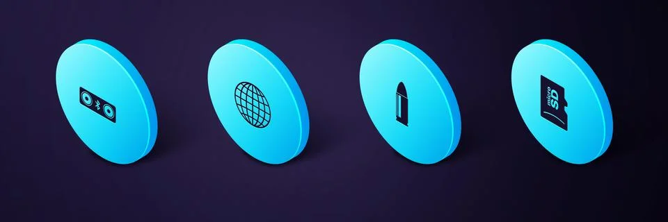 Set Isometric Micro SD memory card, Bullet, Earth globe and Bluetooth speakers Stock Illustration
