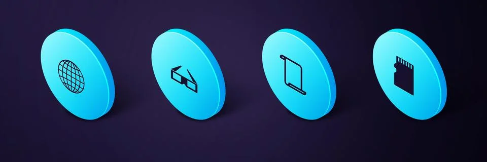 Set Isometric Micro SD memory card, Paper scroll, 3D cinema glasses and Earth Stock Illustration