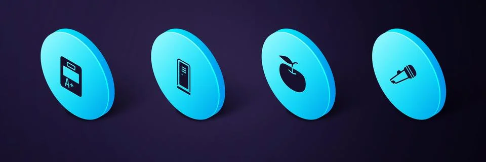 Set Isometric Microphone, Apple, Locker or changing room and Exam sheet wit.. Stock Illustration