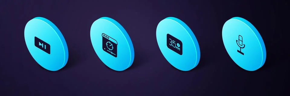 Set Isometric Microphone, Audio jack, Online play video and Pause button ic.. Illustrazione stock