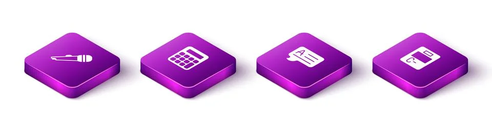 Set Isometric Microphone, Calculator, Speech bubbles with Answer and Exam pap Stock Illustration