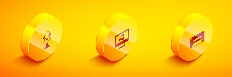 Set Isometric Microphone, Computer with music note and Retro audio cassette.. Stock Illustration