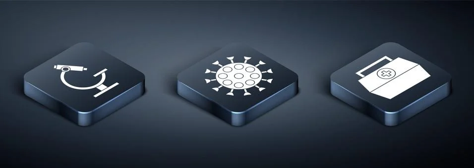 Set Isometric Microscope, First aid kit and Virus icon. Vector Illustrazione stock