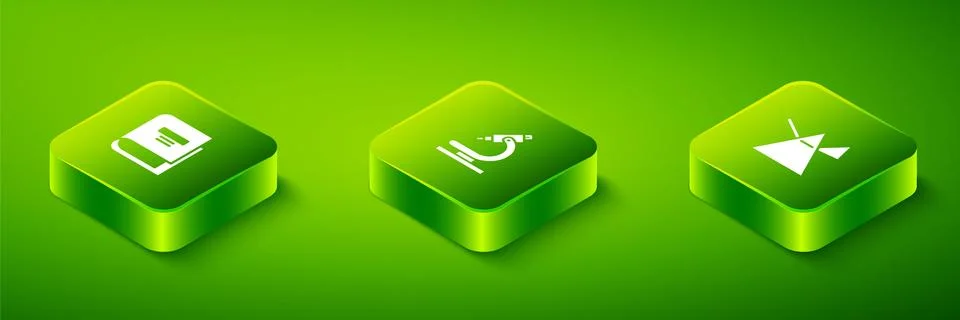 Set Isometric Microscope, Light rays in prism and Book icon. Vector Illustrazione stock