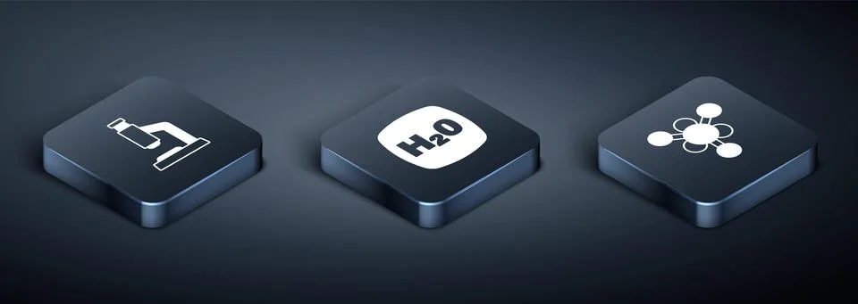 Set Isometric Microscope, Molecule and Chemical formula H2O icon. Vector Illustrazione stock