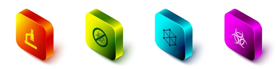 Set Isometric Microscope, Stop GMO, and Biohazard symbol icon. Vector Stock Illustration