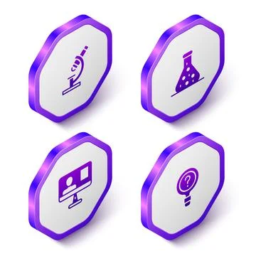 Set Isometric Microscope, Test tube, Online class and Unknown search icon Illustrazione stock