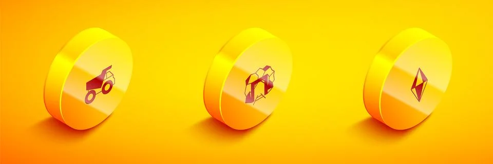 Set Isometric Mining dump truck, Mine entrance and Gem stone icon. Vector Ilustração Stock