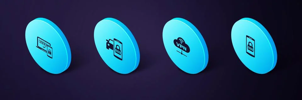 Set Isometric Mobile and password, VPN Network cloud connection, Smart car Stock Illustration