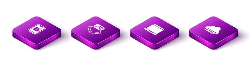 Set Isometric Mobile Apps, Processor with microcircuits CPU, Laptop and Web Stockillustratie