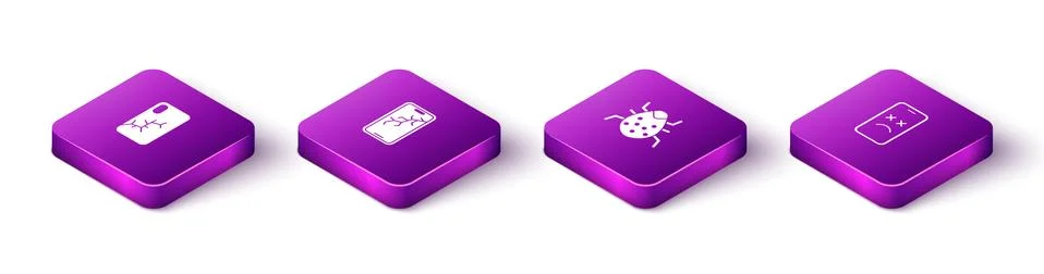 Set Isometric Mobile with broken screen, , System bug and Dead mobile icon Stock Illustration