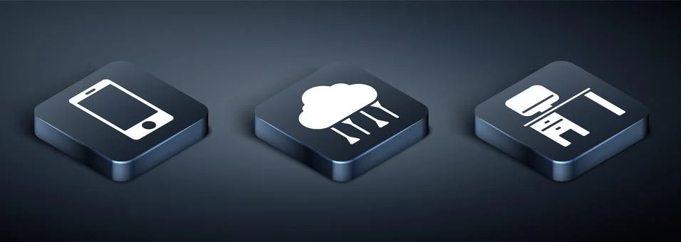 Set Isometric Mobile phone, Computer monitor and desk and Network cloud Stock Illustration