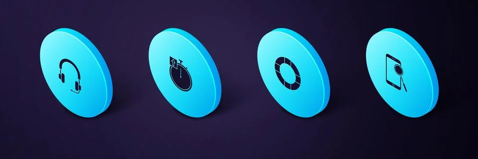 Set Isometric Mobile phone diagnostics, Lifebuoy, Stopwatch and Headphones ic Illustrazione stock