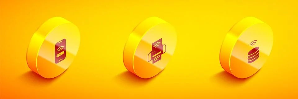 Set Isometric Mobile with wi-fi wireless, Smart printer system and data server Stock Illustration